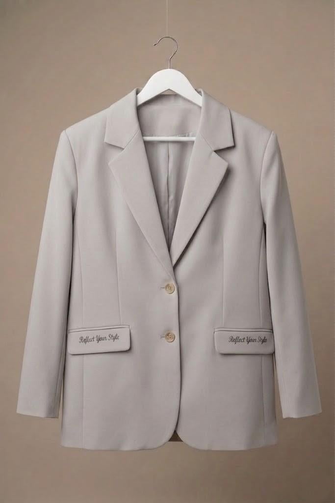 Kadın Kruvaze Yaka Cepleri Yazı Detaylı Blazer Ceket Gri 