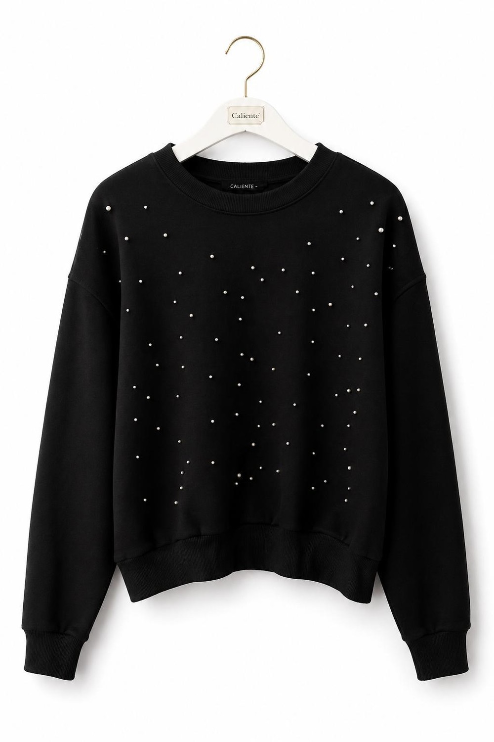 Kadın Bisiklet Yaka Taş Detaylı Sweatshirt Siyah