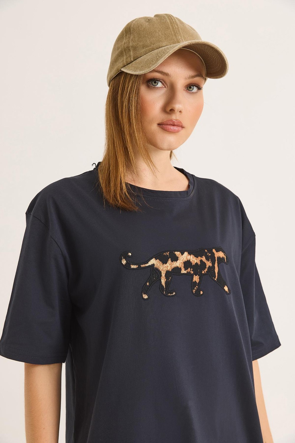 Ön Arka Nakışlı Oversize Pamuk T-Shirt Antrasit