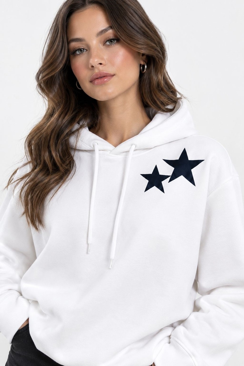 Kadın Kapüşonlu Yıldız Baskılı Sweatshirt Beyaz