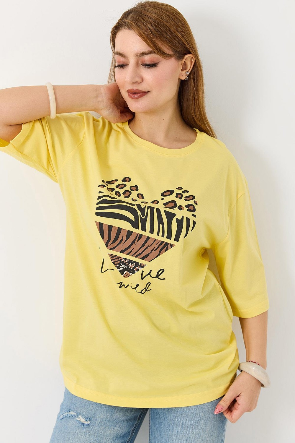 Kadın Kalp Baskılı Bisiklet Yaka Tshirt Sarı
