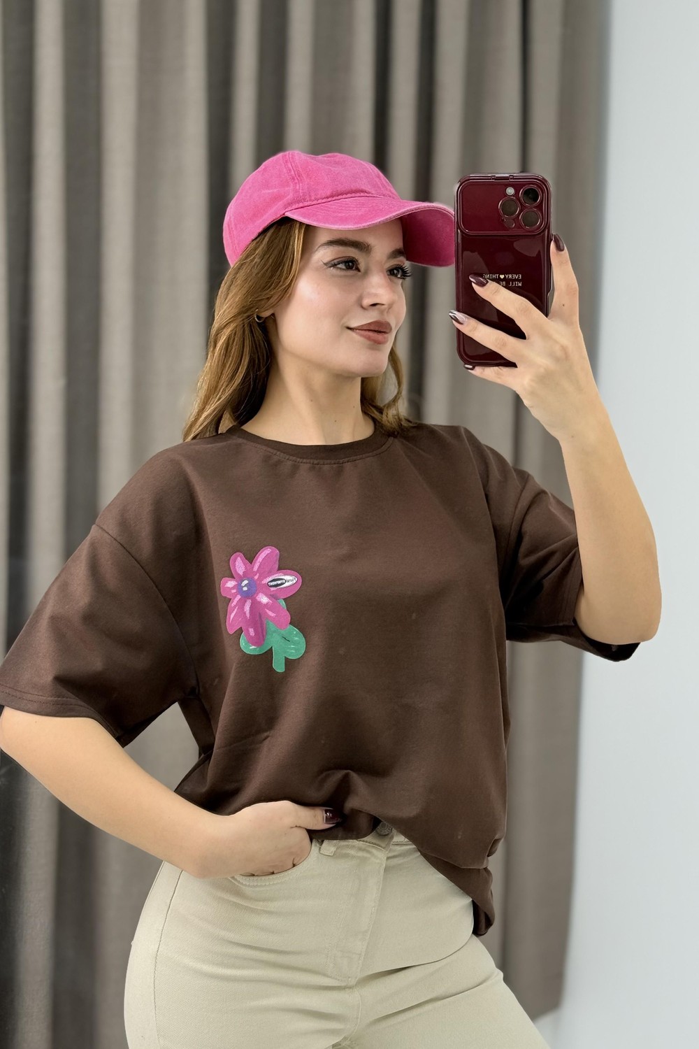 Baskılı Bisiklet Yaka Basic Tshirt Kahverengi