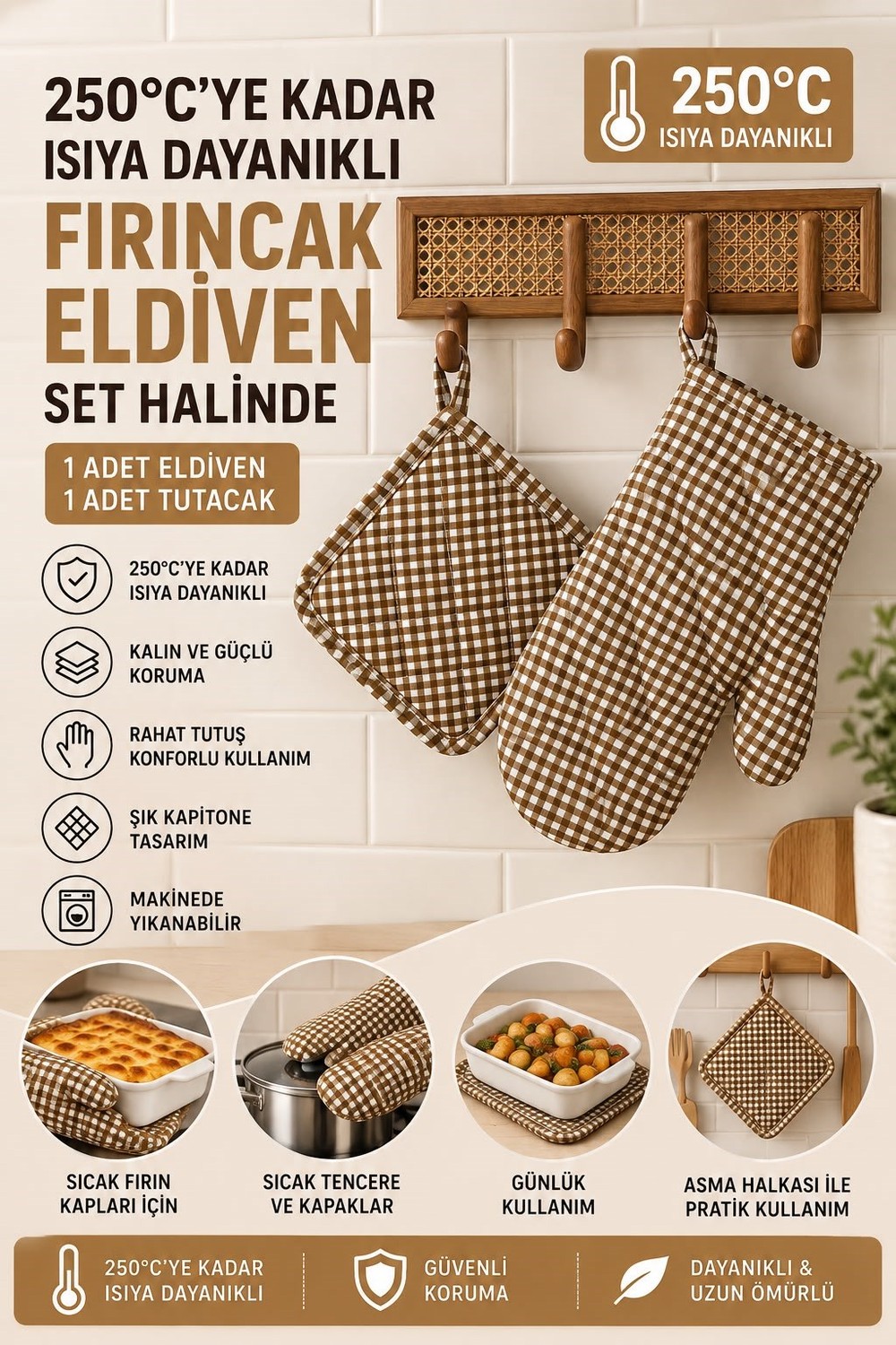 Potikare Fırın Eldiveni ve Tutacak Seti 250 Derece Isıya Dayanıklı Kahverengi