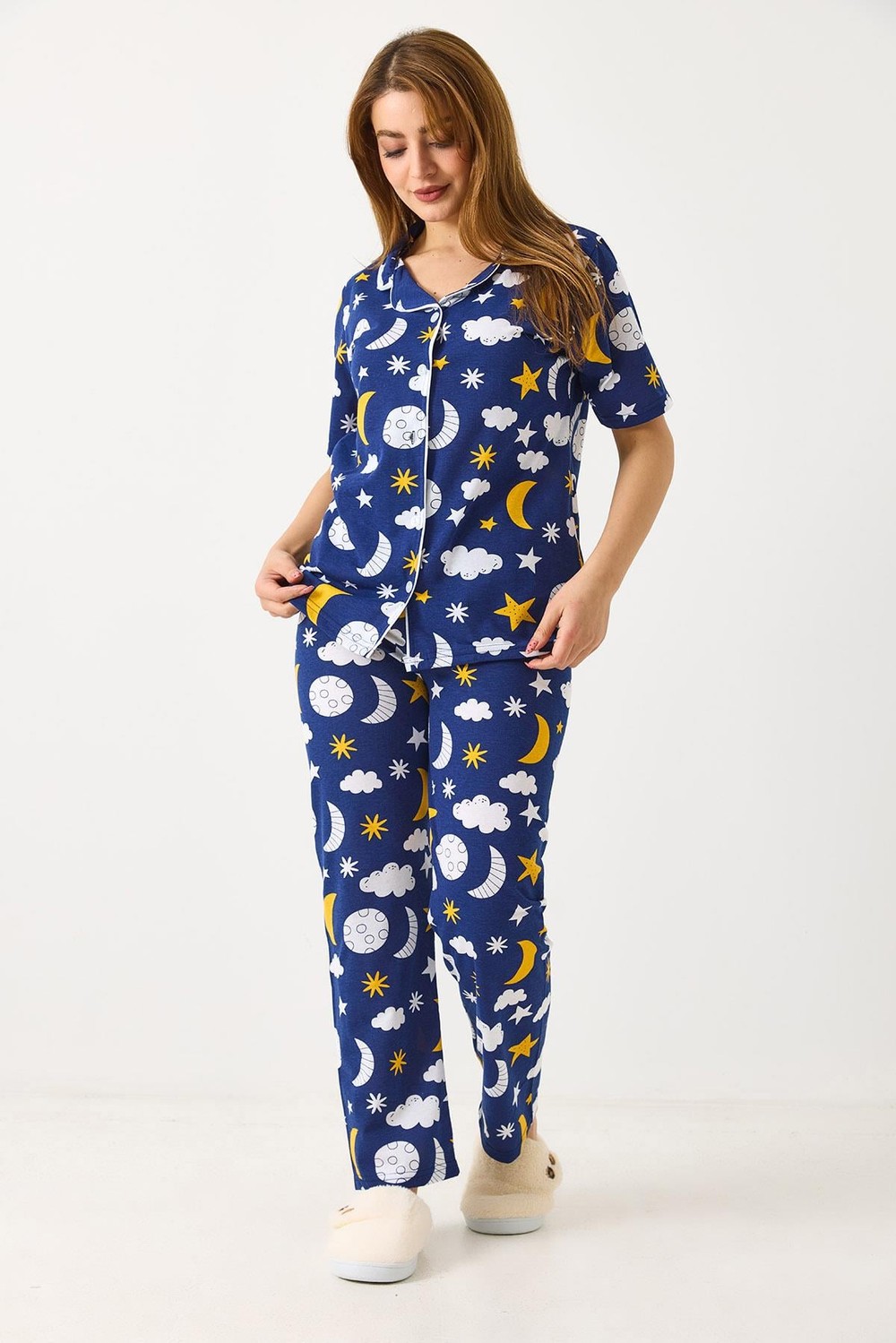 Kadın Bulut Baskılı Pijama Takımı Lacivert