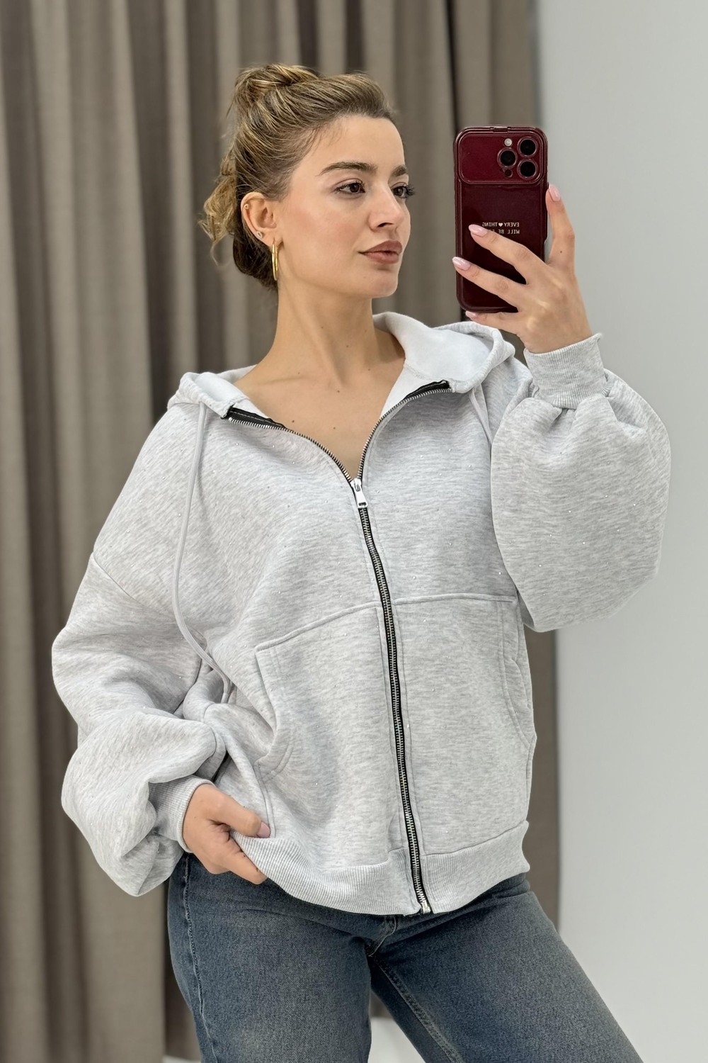 Kadın Oversize Kapüşonlu Cepli Sweatshirt Gri