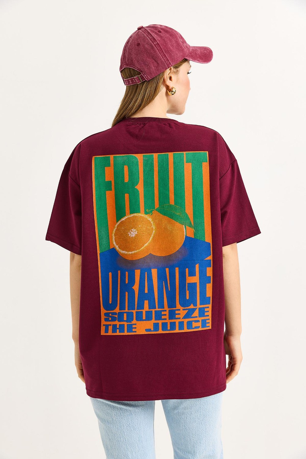 Oversize Ön ve Arka Baskılı Tshirt Bordo