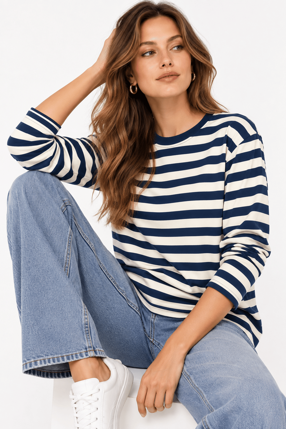 Kadın Çizgi Desenli Sweatshirt Lacivert