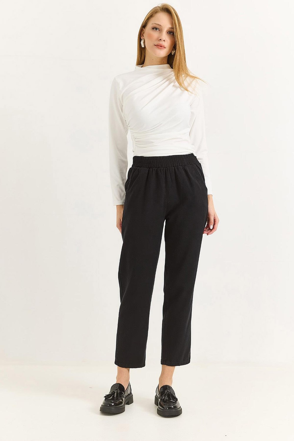 Kadın Elastan Kemerli Mom Pantalon Siyah