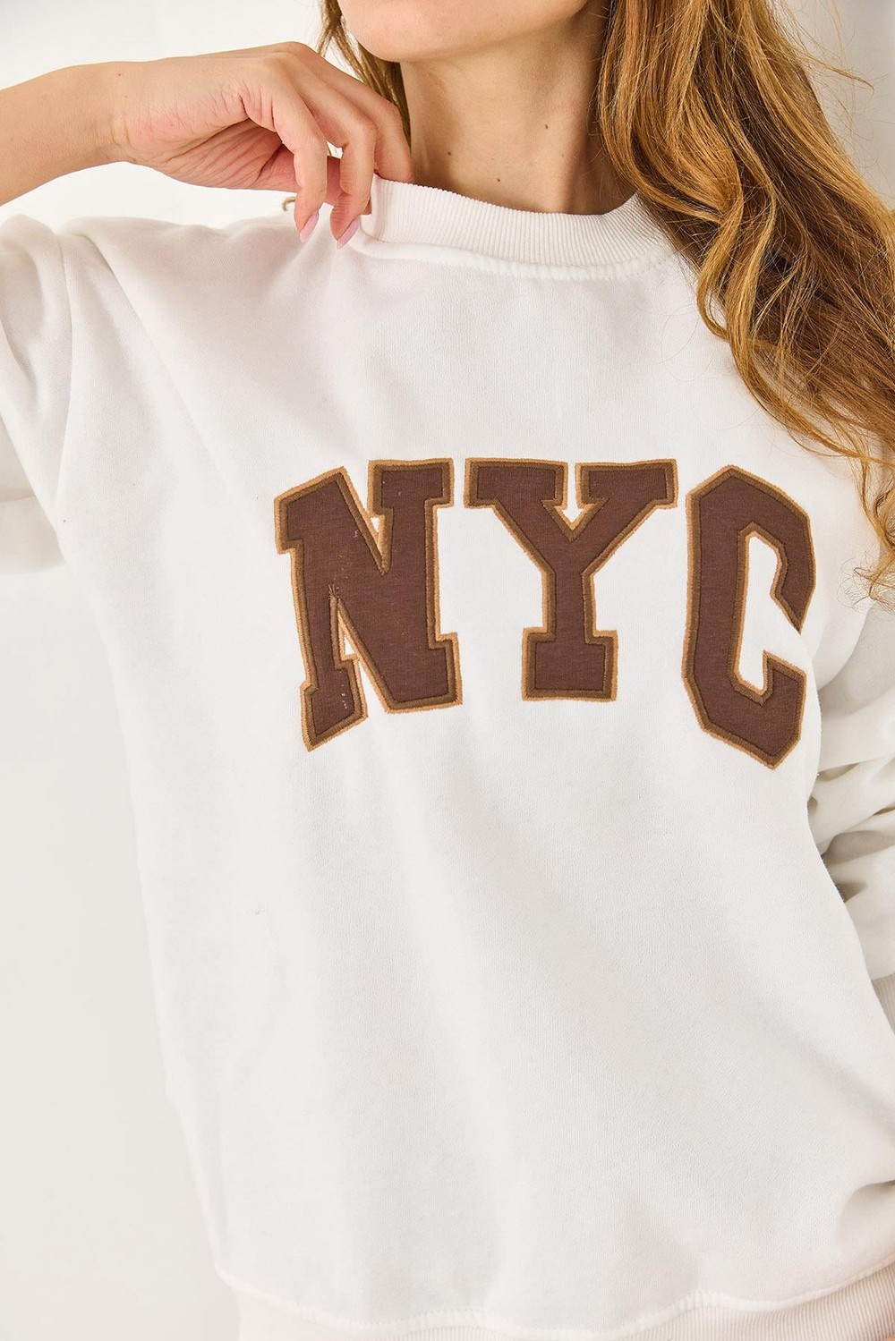 Kadın Bisiklet Yaka Üç İplik  NYC Baskılı SweatshirT Beyaz