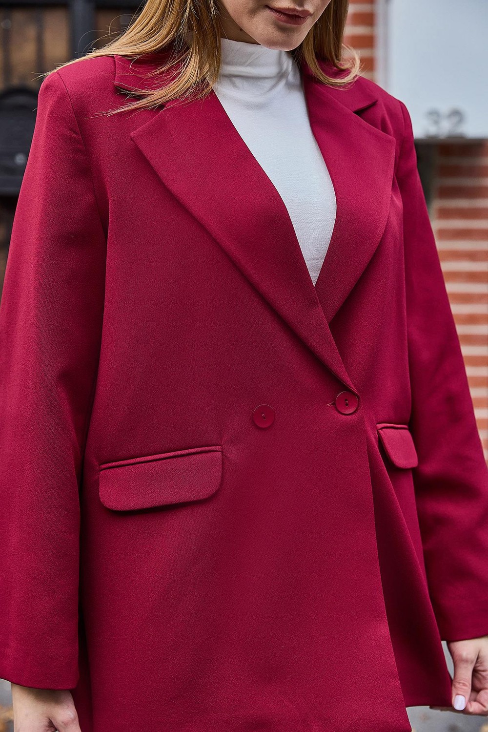 Kadın Oversize Spor ve Şık Tek Düğmeli Ceket Bordo
