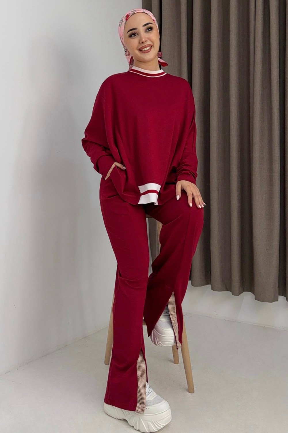Kadın Beli Lastikli Dökümlü Model Oversize Eşofman Takım Kırmızı