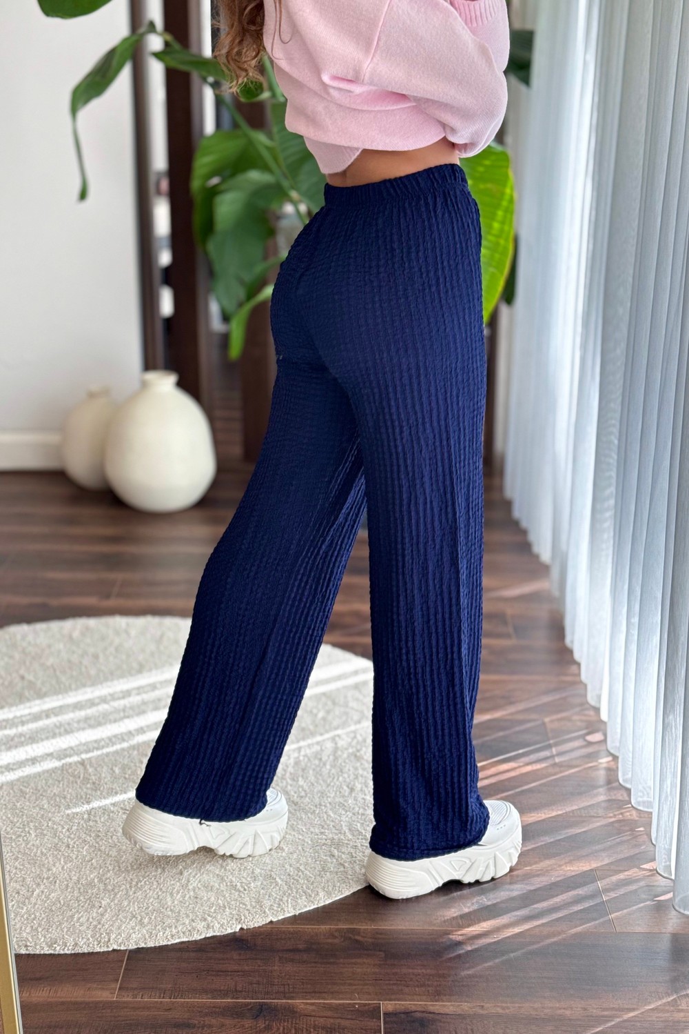 Kadın Bürümcük Beli Lastikli Rahat Pantolon Lacivert