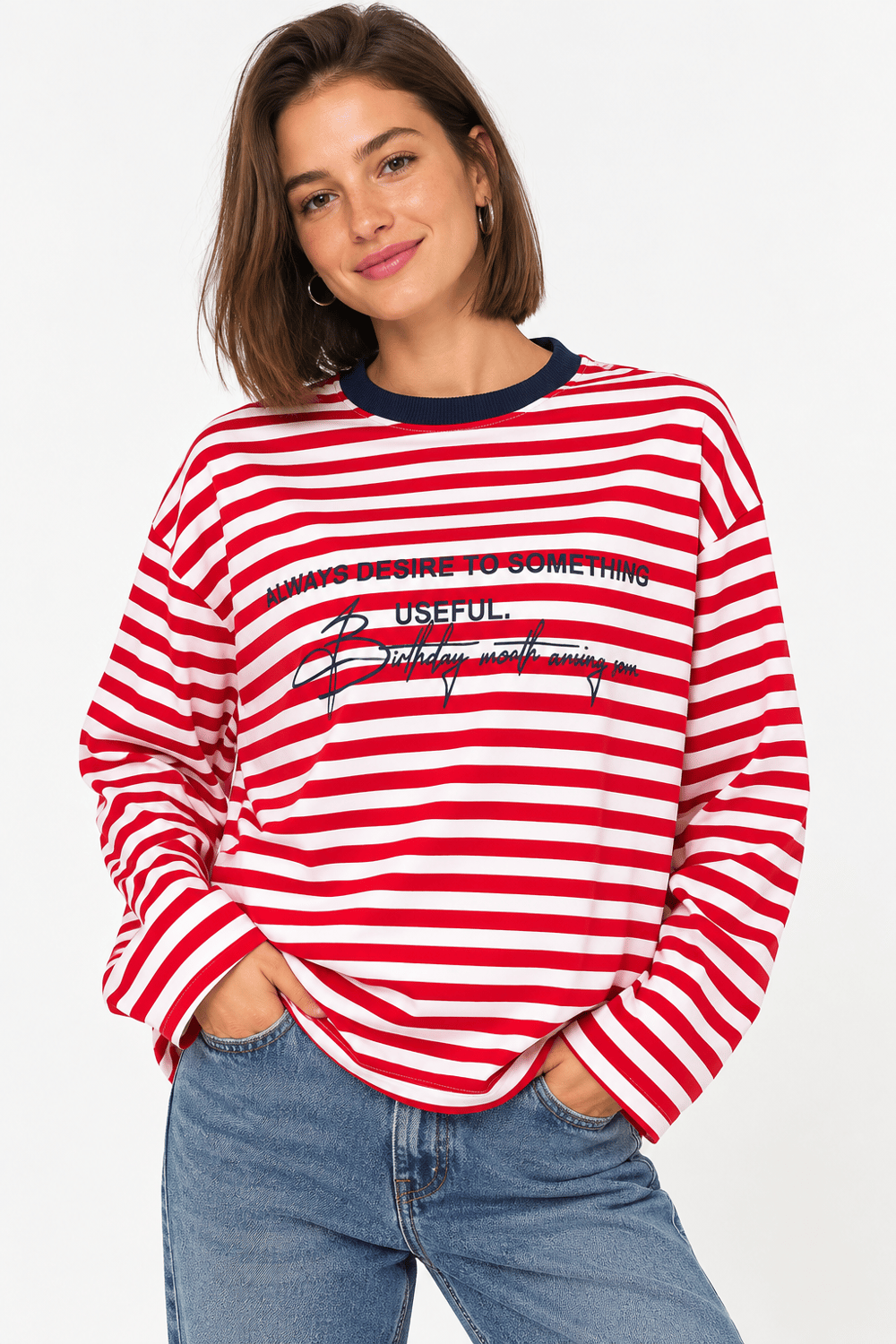 Kadın Bisiklet Yaka Baskılı Çizgili Sweatshirt Kırmızı