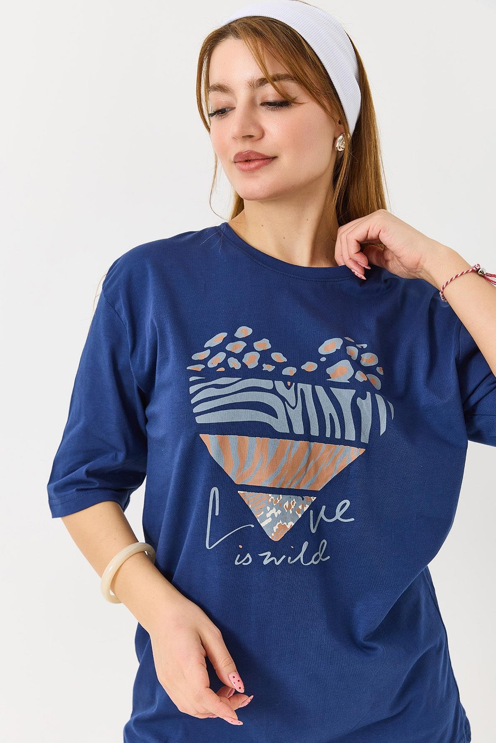 Kadın Kalp Baskılı Bisiklet Yaka Tshirt Lacivert