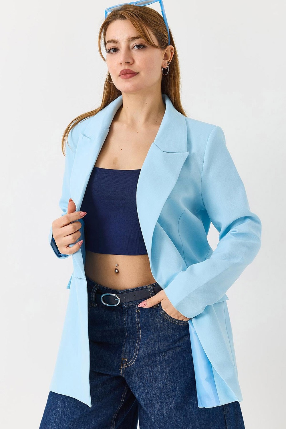 Kadın Kruvaze Yaka Çift Düğmeli Blazer Ceket Açık Mavi
