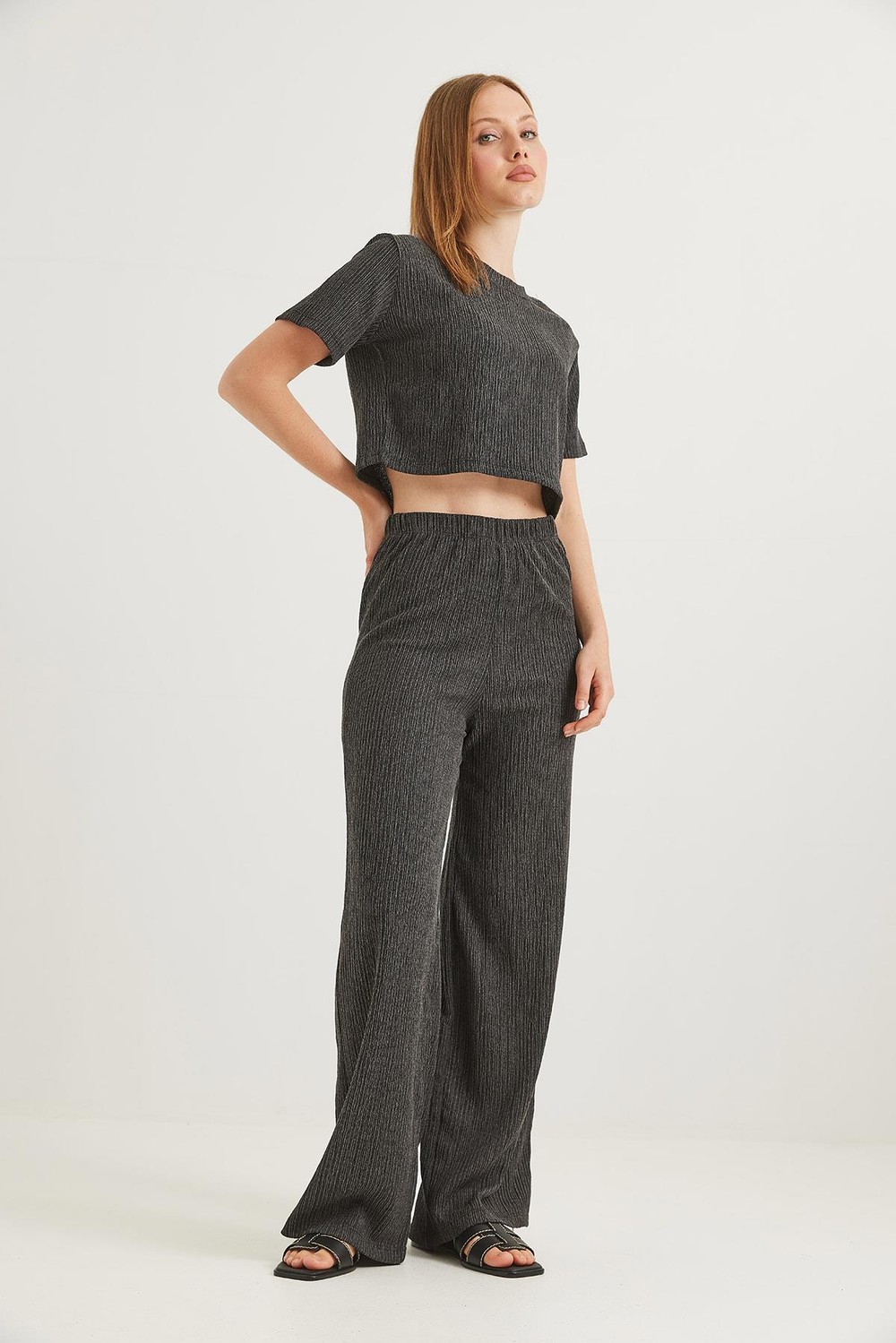 Bürümcük Kumaş İkili Crop Takım Füme
