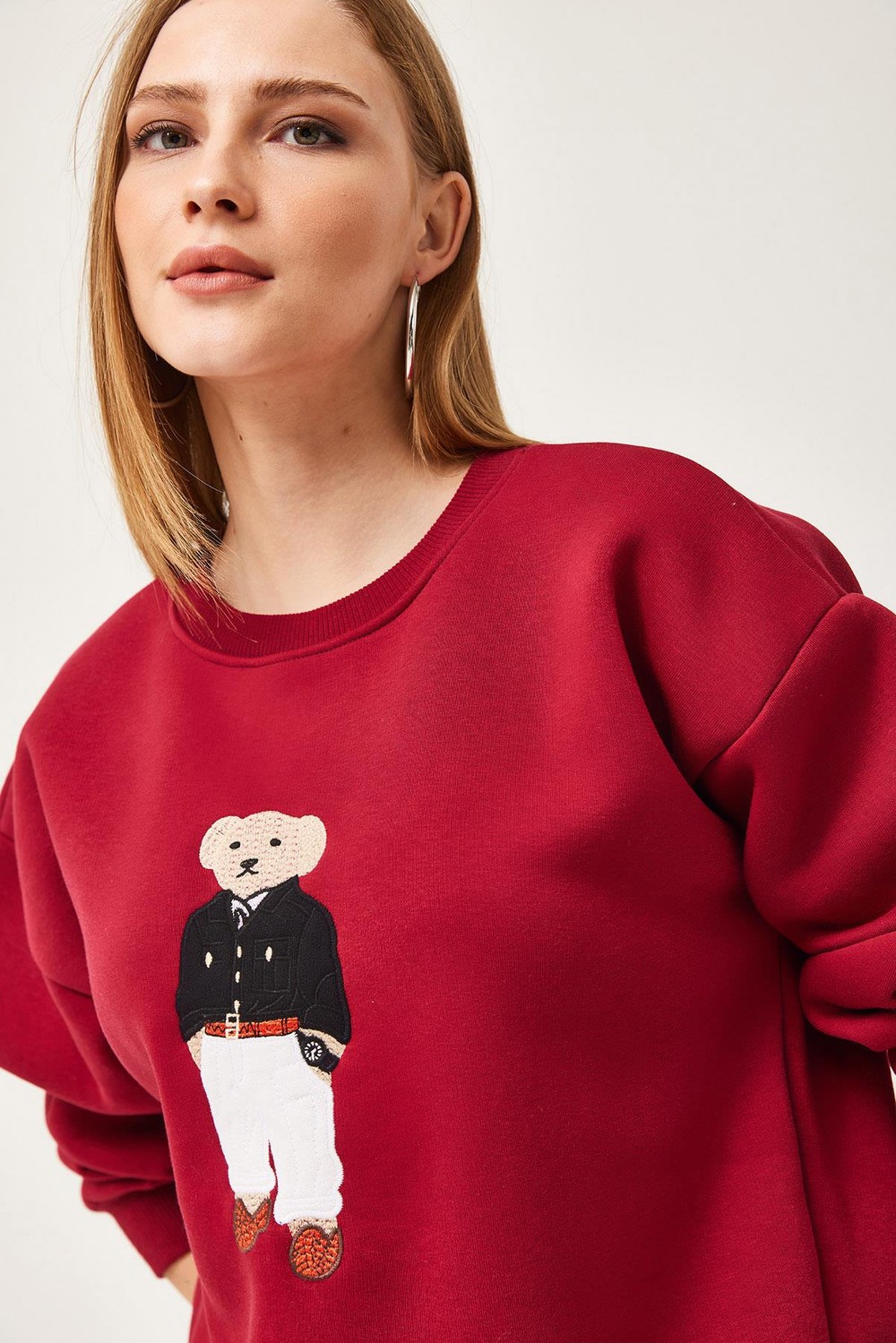 Oversize Nakışlı Sweatshirt Bordo