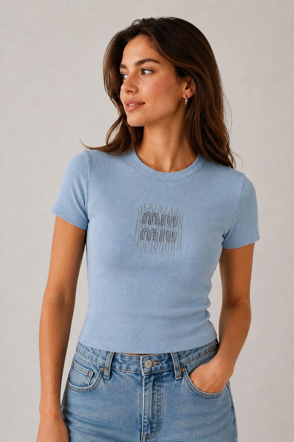 Kadın Bluz Yazı Taşlı Şık Crop Bluz Mavi
