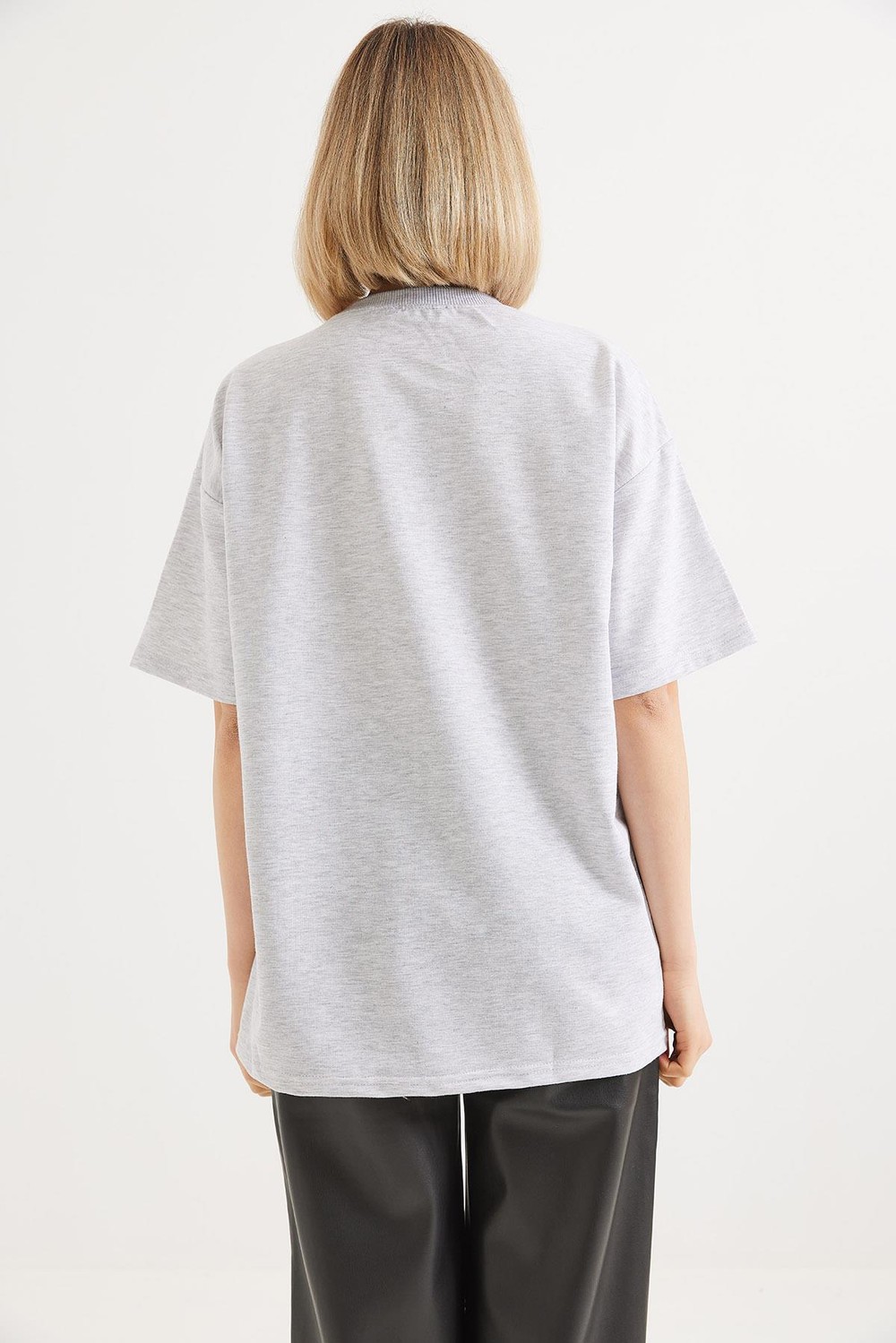 Baskılı Bisiklet Yaka Tshirt Açık Gri