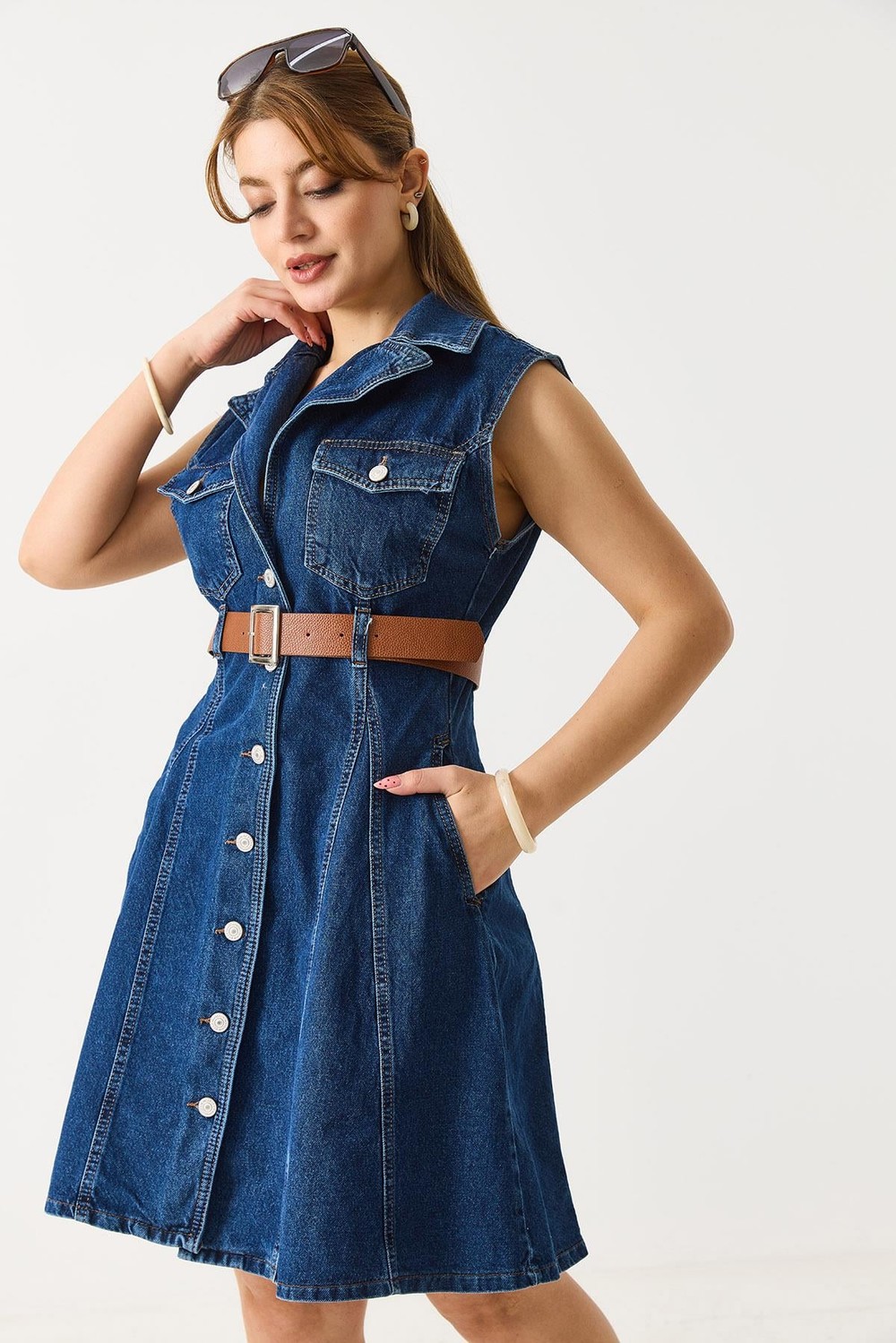 Kemerli Önden Düğmeli Kolsuz Denim Elbise Lacivert