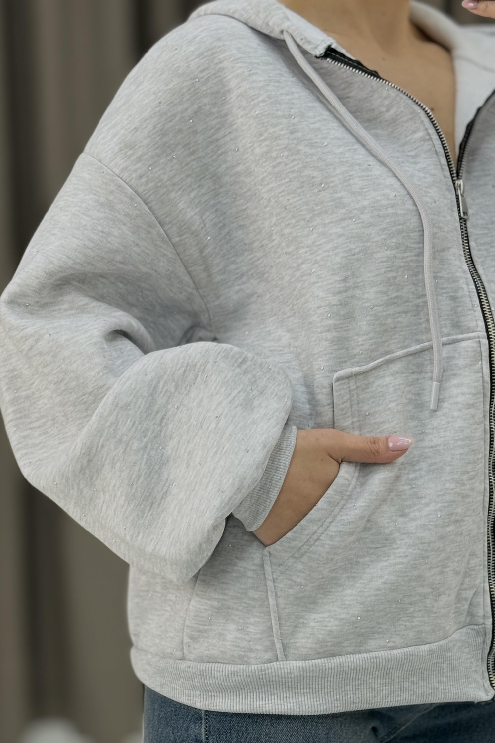 Kadın Oversize Kapüşonlu Cepli Sweatshirt Gri