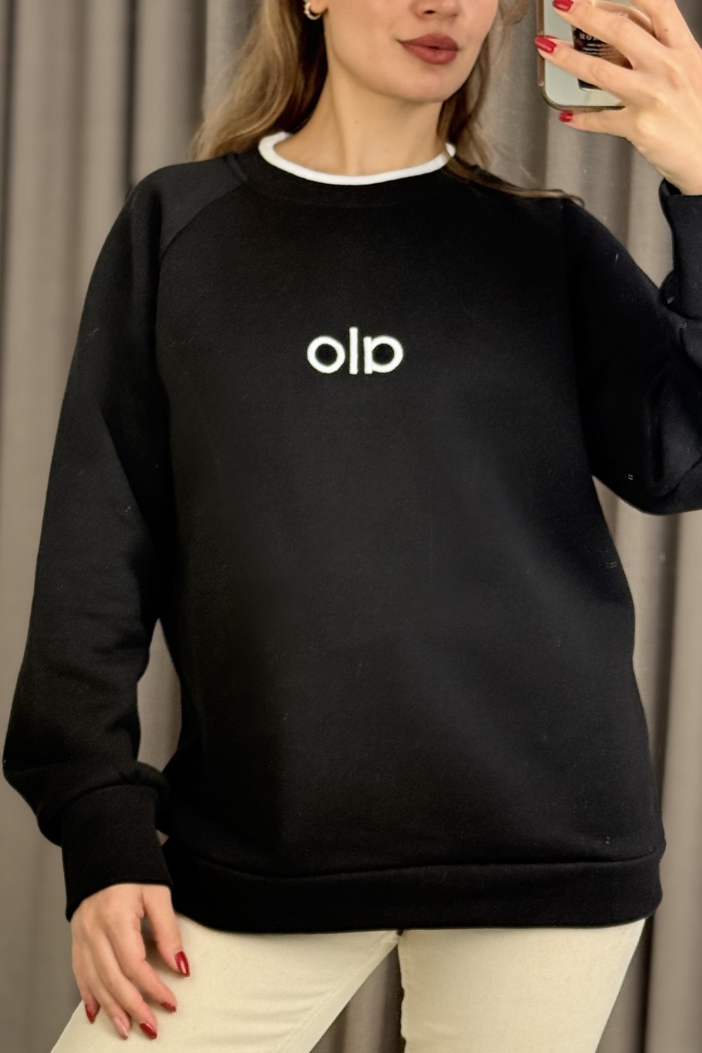 Kadın Yakası Garnili Bol Kesim Sweatshirt Siyah
