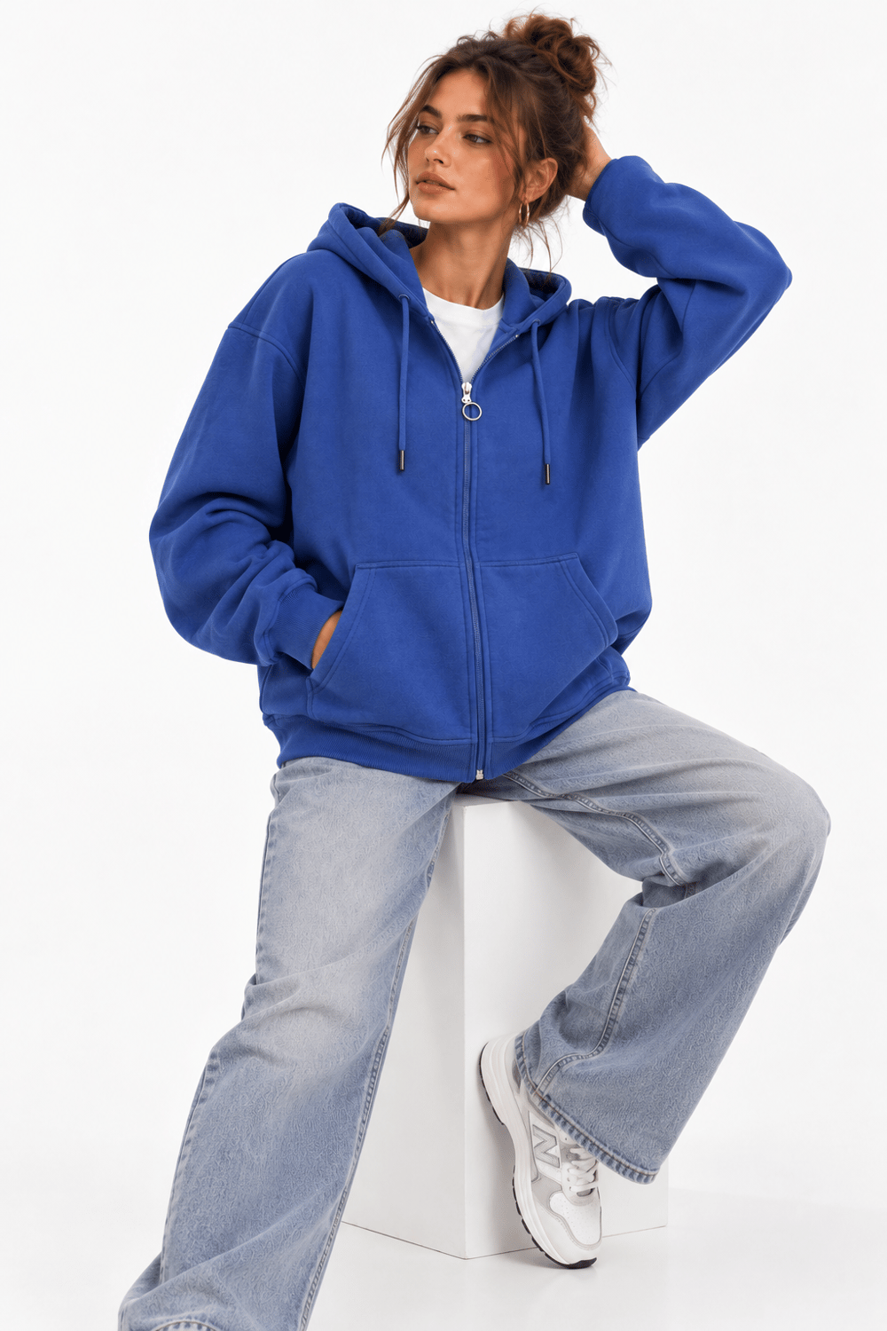 Kapüşonlu Fermuarlı Cepli Oversize Şardonlu Sweatshirt Lacivert