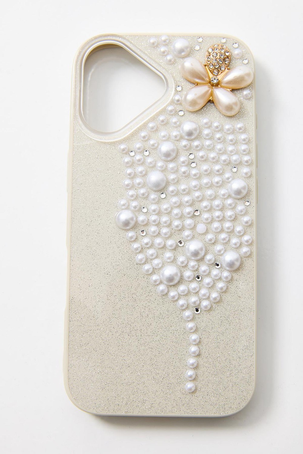 İphone 16 Uyumlu İnci ve Glitter Detaylı Kılıf  Beyaz