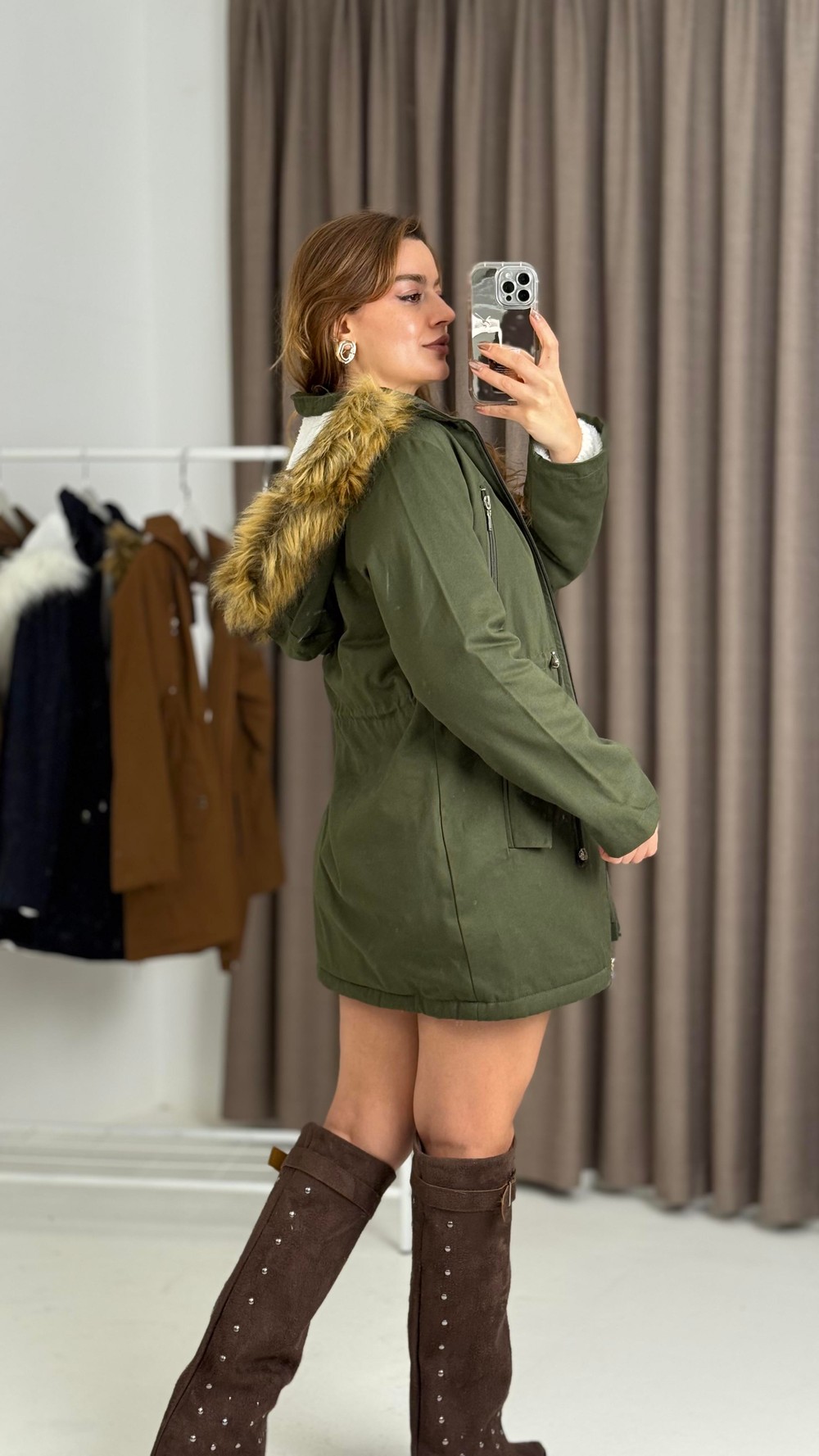 Kadın  Haki Yarım Boy Gabardin Kumaş İçi Yün Mont