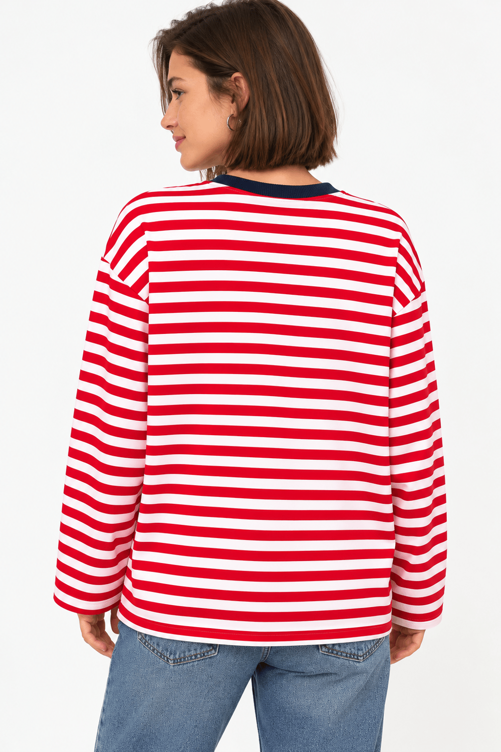 Kadın Bisiklet Yaka Baskılı Çizgili Sweatshirt Kırmızı