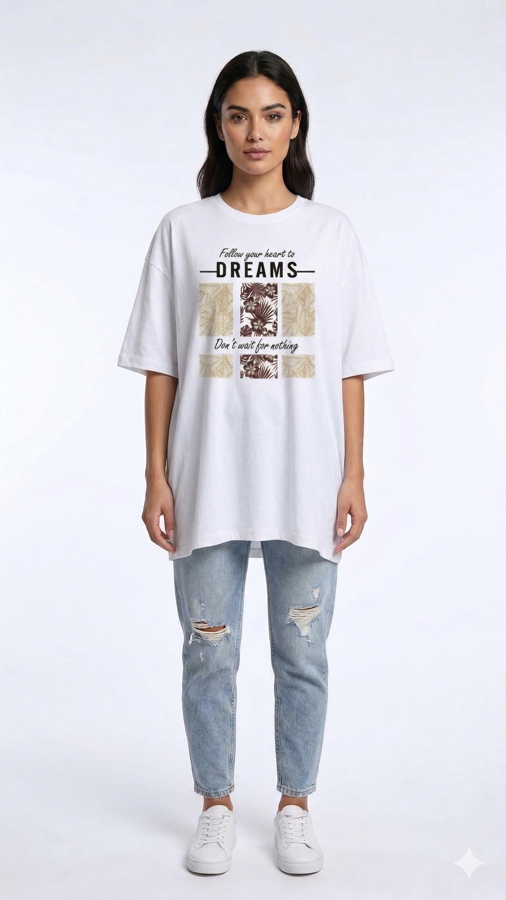 Kadın Bisiklet Yaka Kısa Kollu Baskılı Tshirt Beyaz