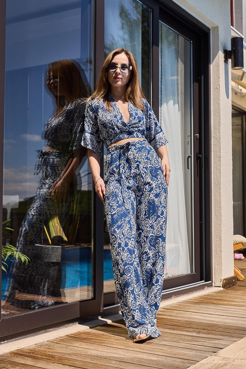 Beli Kuşaklı Bluz Pantolon İkili Takım Mavi