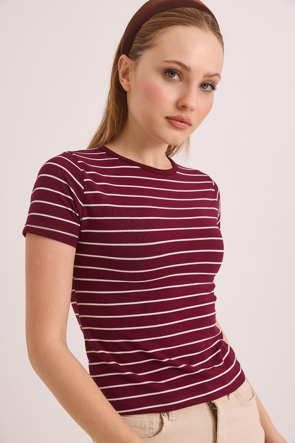Kısa Kol Likralı Kompak Çizgili Tshirt Bordo