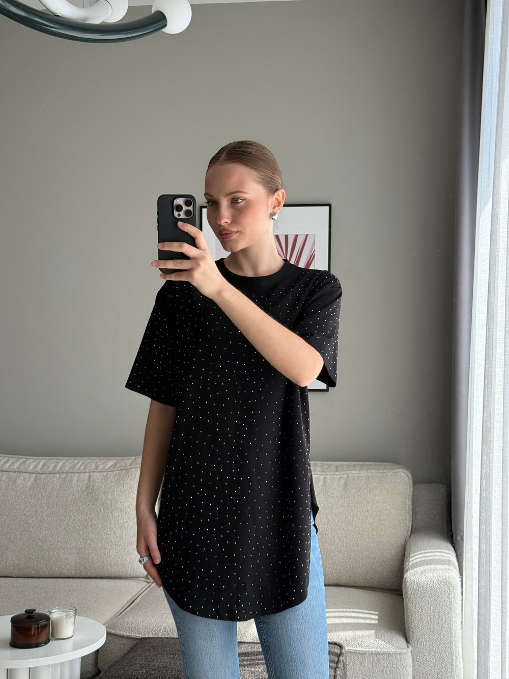 Oval Kesim Taş Baskılı Oversize Tshirt Siyah