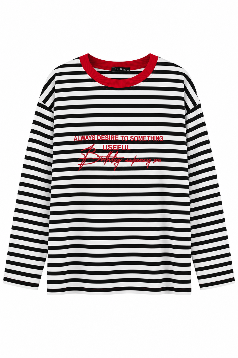 Kadın Bisiklet Yaka Baskılı Çizgili Sweatshirt Siyah