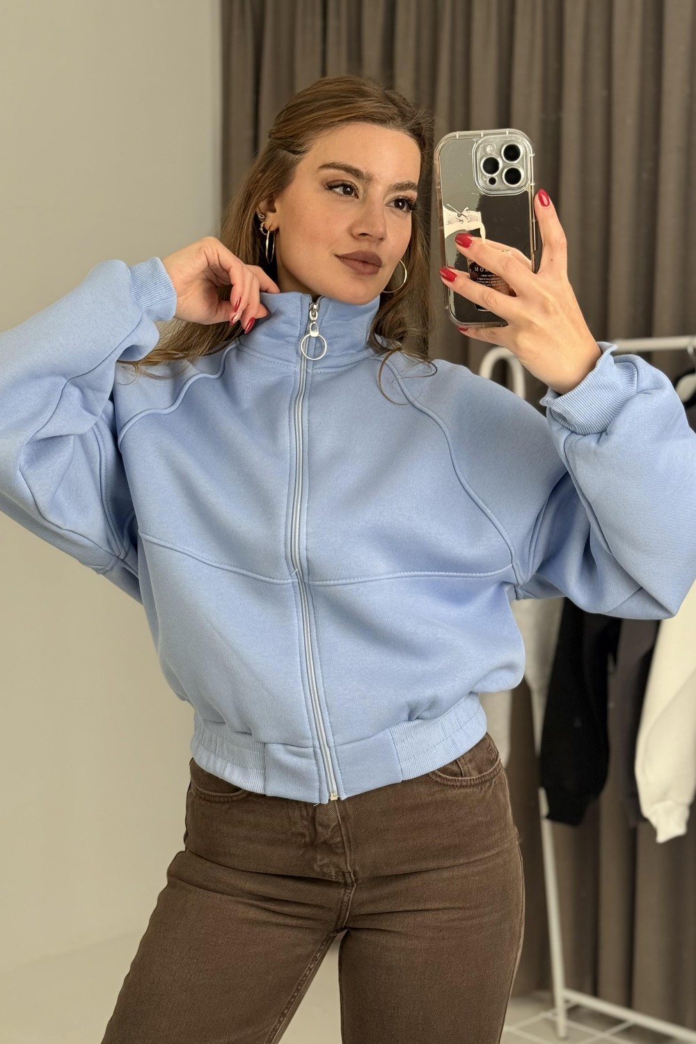 Kadın Fermuarlı Dikiş Detaylı Sweat Mavi