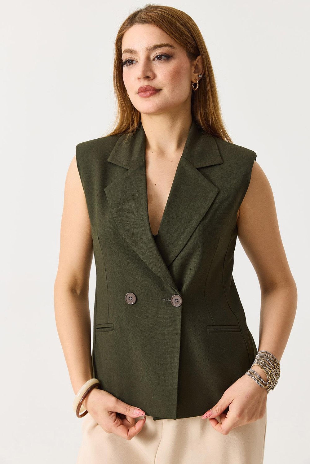 Kadın  Oversize Kruvaze Sıfır Kol Yelek Haki