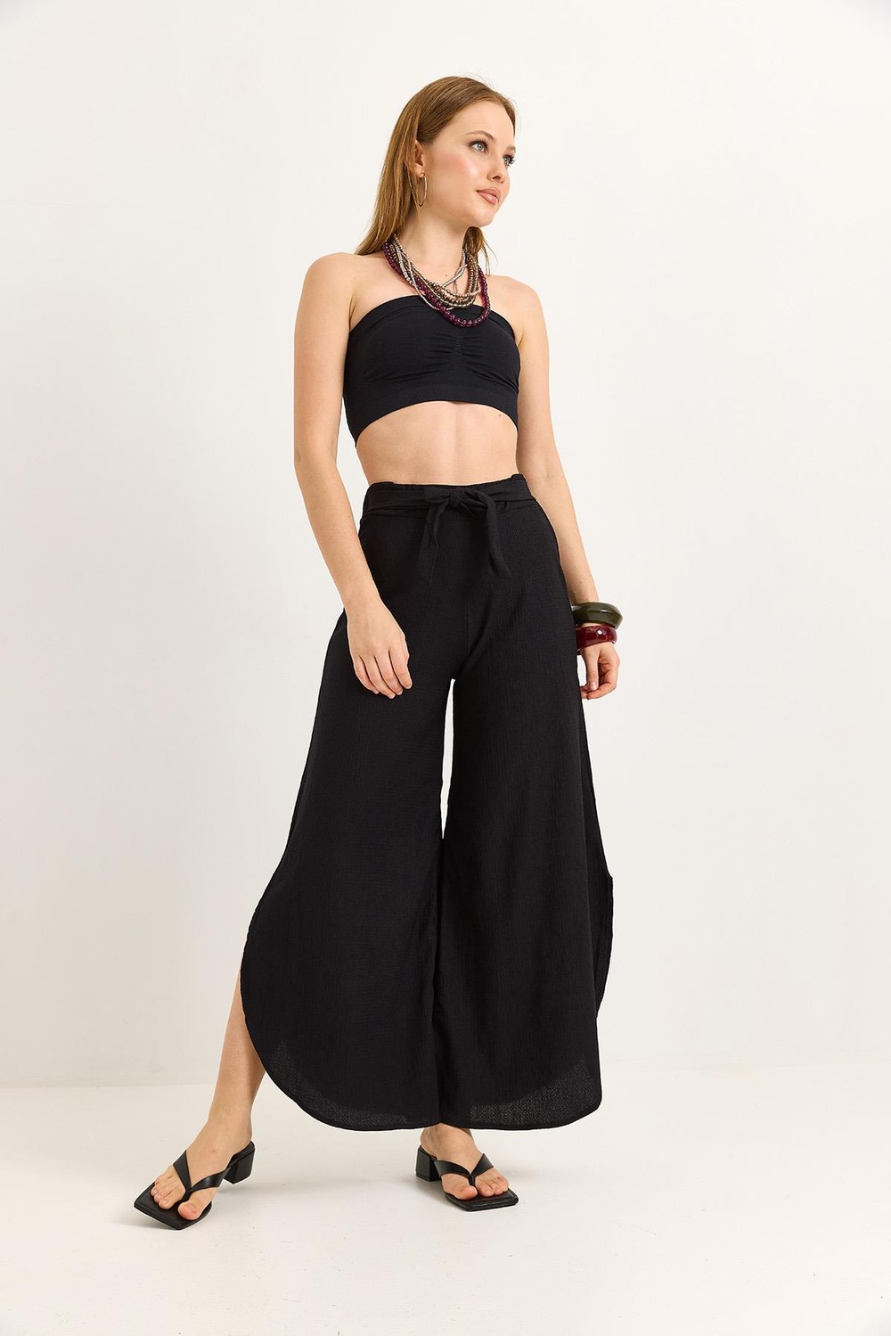Bağlamalı Bol Paça İspanyol Pantalon Siyah