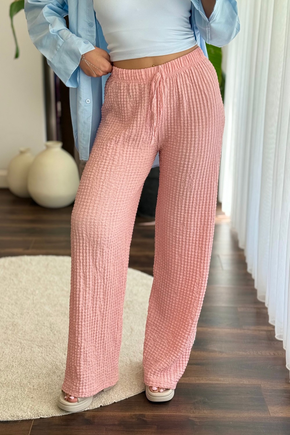 Kadın Bürümcük Beli Lastikli Rahat Pantolon Pembe