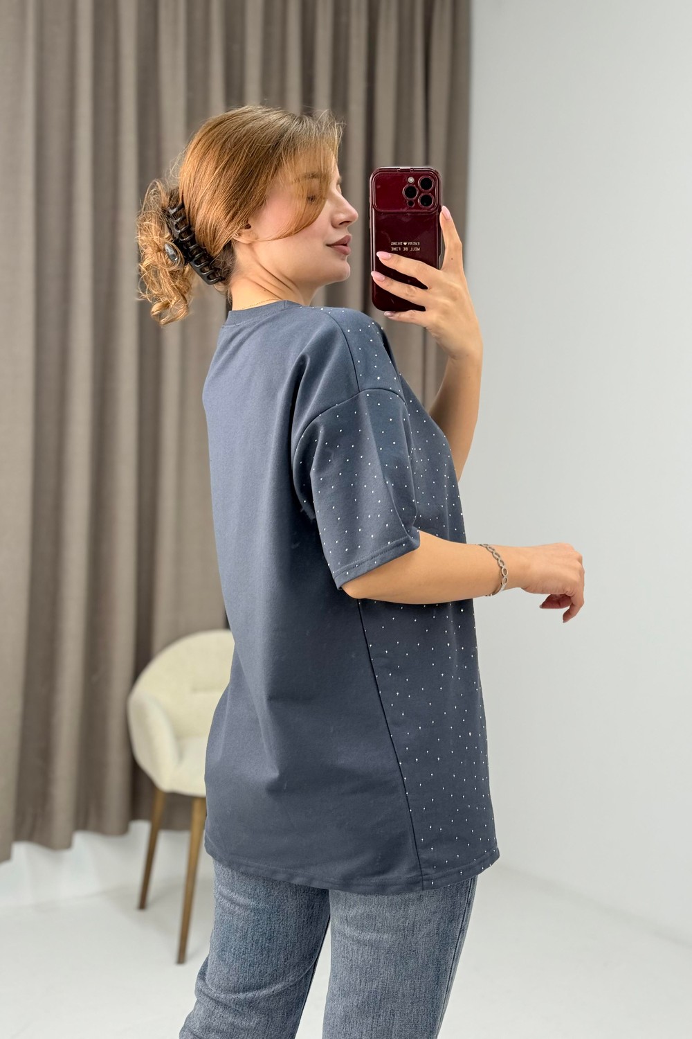 Bisiklet Yaka Taşlı Yarım Kol T-shirt Antrasit