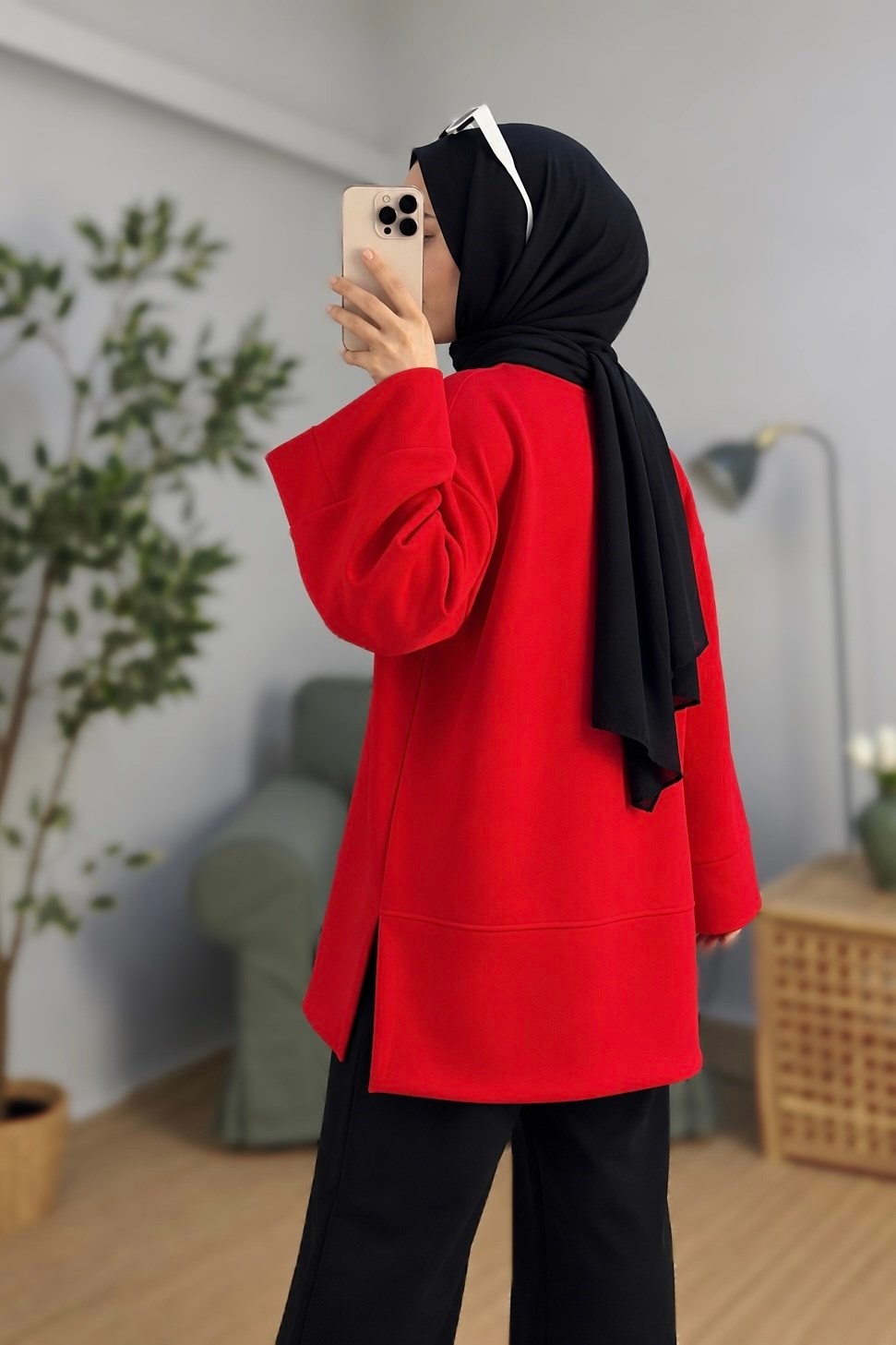 Kadın Kırmızı Oversize Manşet Detaylı Tunik