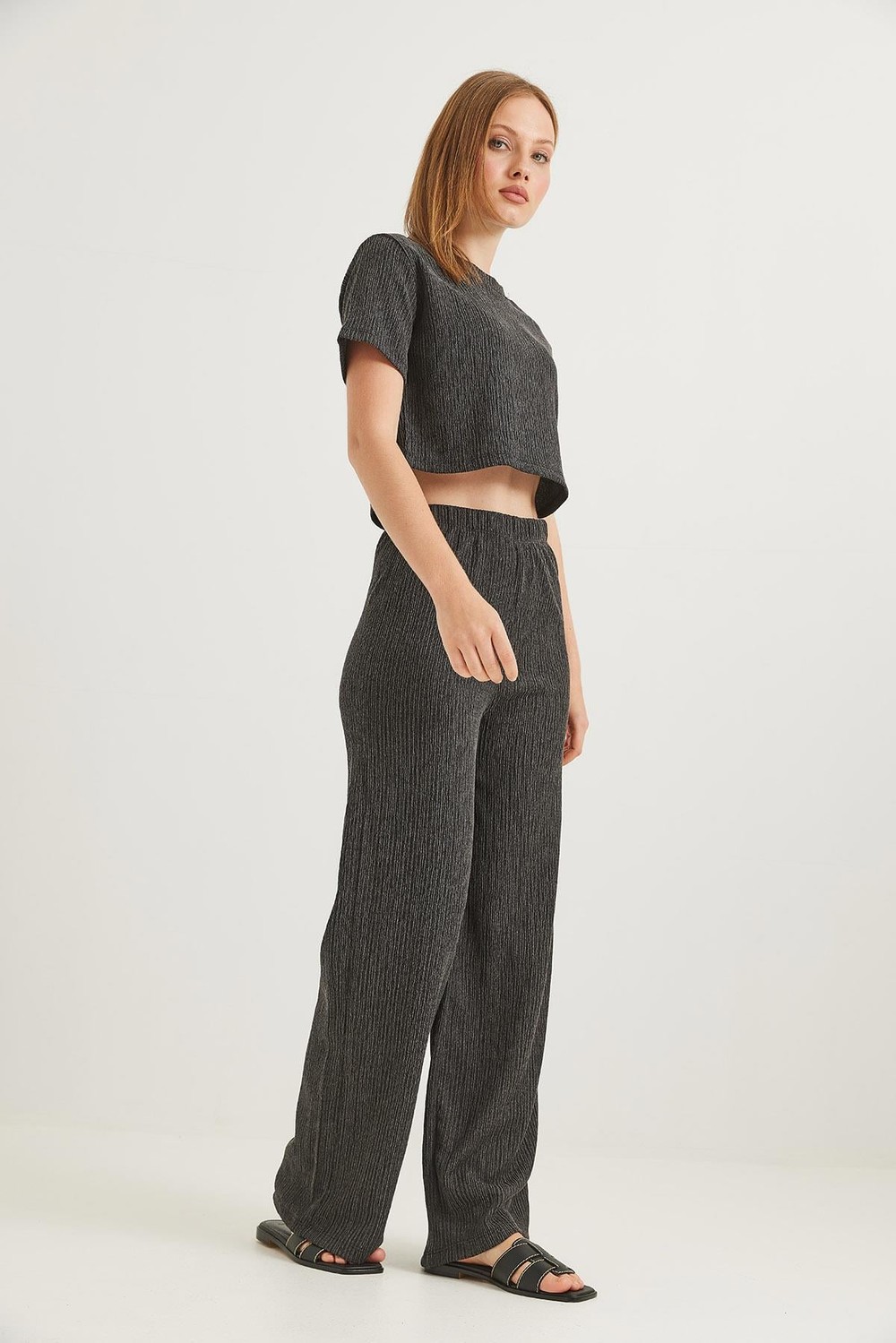 Bürümcük Kumaş İkili Crop Takım Füme