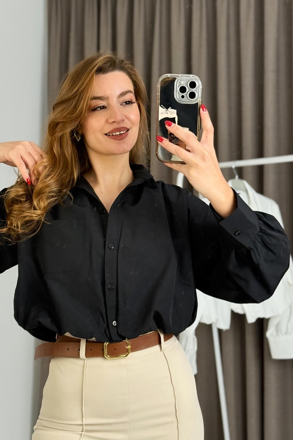 Kadın Balon Model Crop Şık Gömlek Siyah