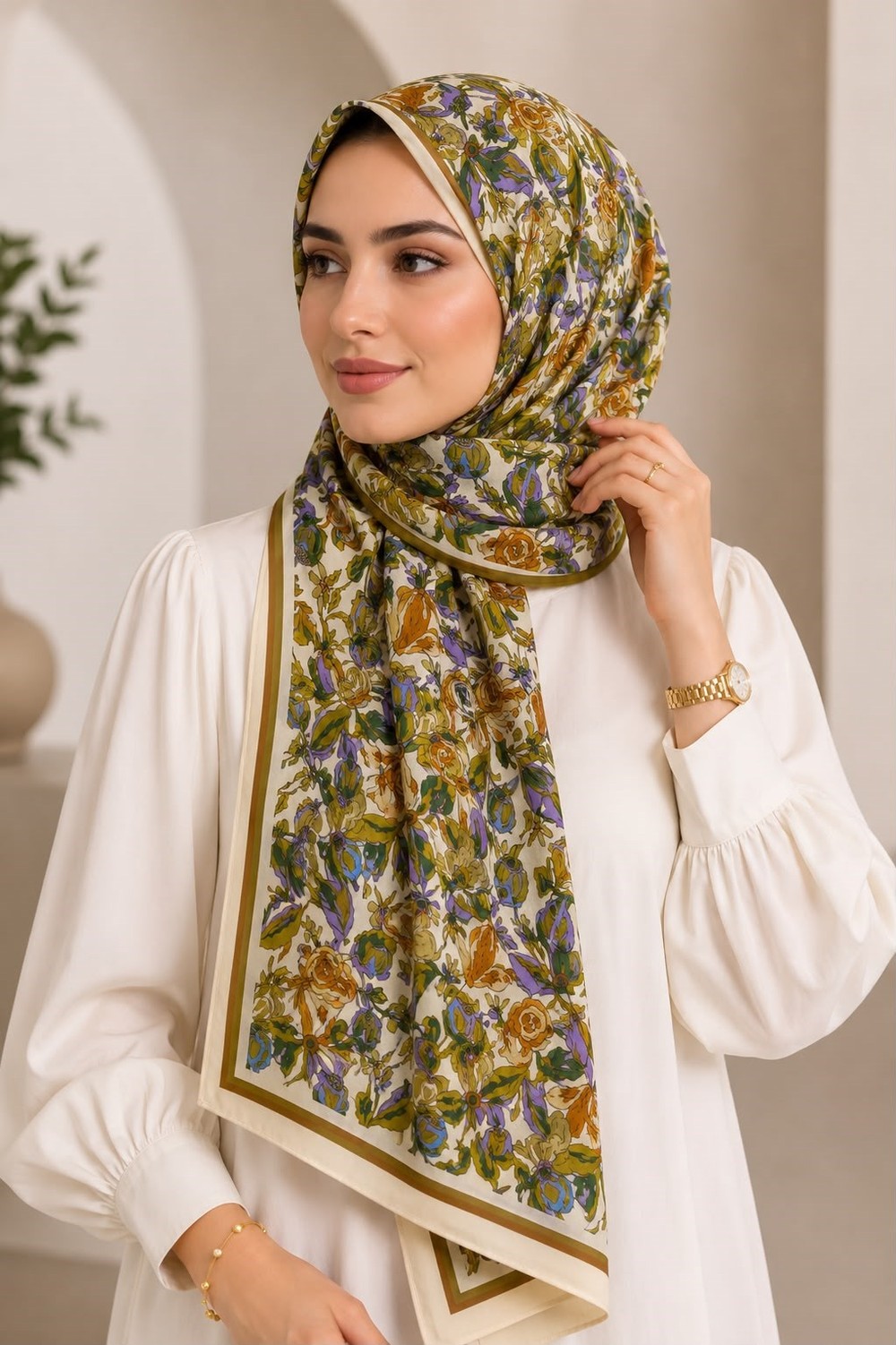 Kadın Soft Çiçekli 180X75 Ölçülü Şal Krem