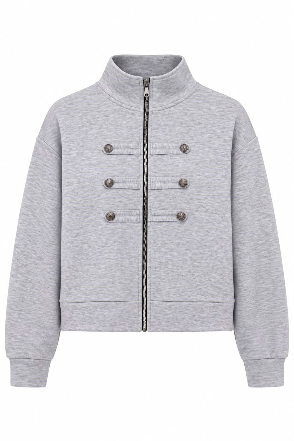Kadın Düğme Detaylı Fermuarlı Dik Yaka Sweatshirt Gri