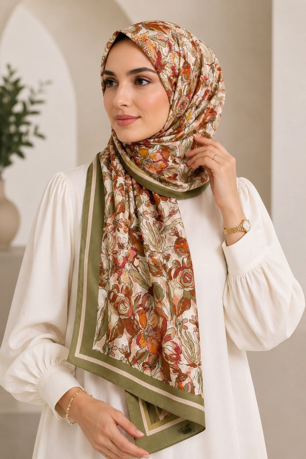 Kadın Soft Çiçekli 180X75 Ölçülü Şal Yeşil