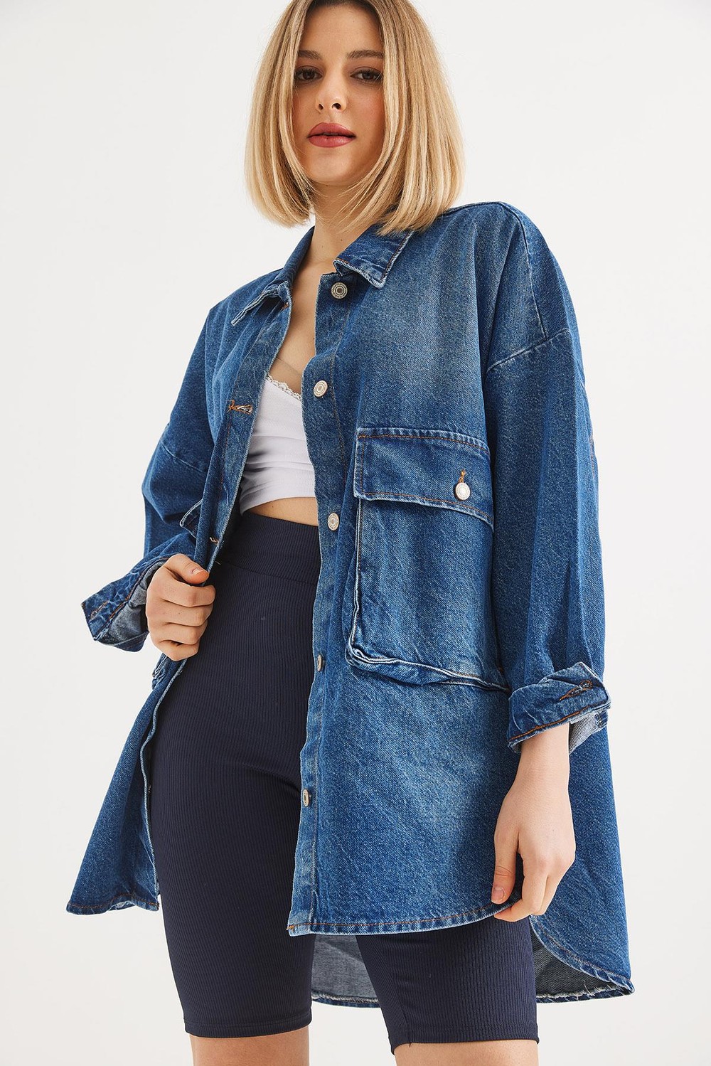 Çift Cepli  Oversize Kot Ceket Mavi