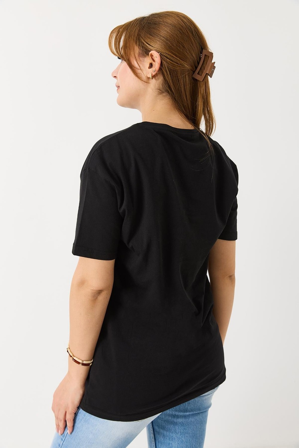 Kadın Dokulu I M Fıne Yazılı Bisiklet Yaka Tshirt Siyah