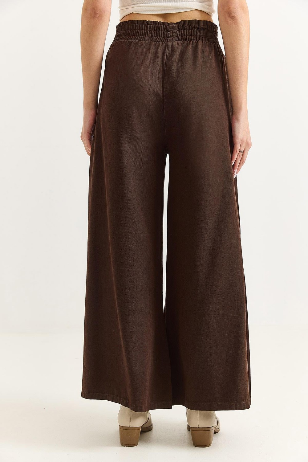 Kadın Pantalon Geniş Paça Cepleri Dikiş Detaylı  Pantalon Kahverengi