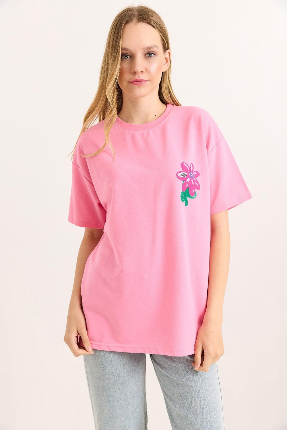 Baskılı Bisiklet Yaka Basic Tshirt Pembe